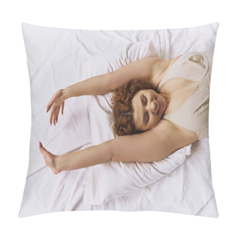 Personality  A Young, Curvy Redhead Woman In Lingerie Lies On A Bed, Arms Outstretched In A Peaceful, Relaxed Pose. Pillow Covers