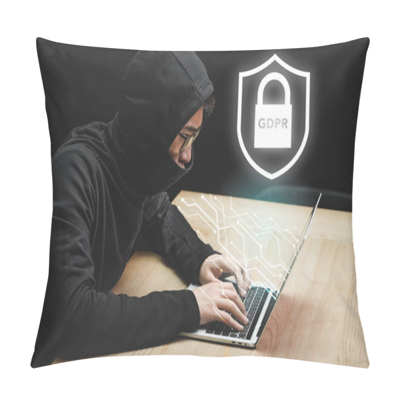 Personality  Asian Hacker Using Laptop And Sitting Near Padlock Illustration And Gdpr Lettering  Pillow Covers