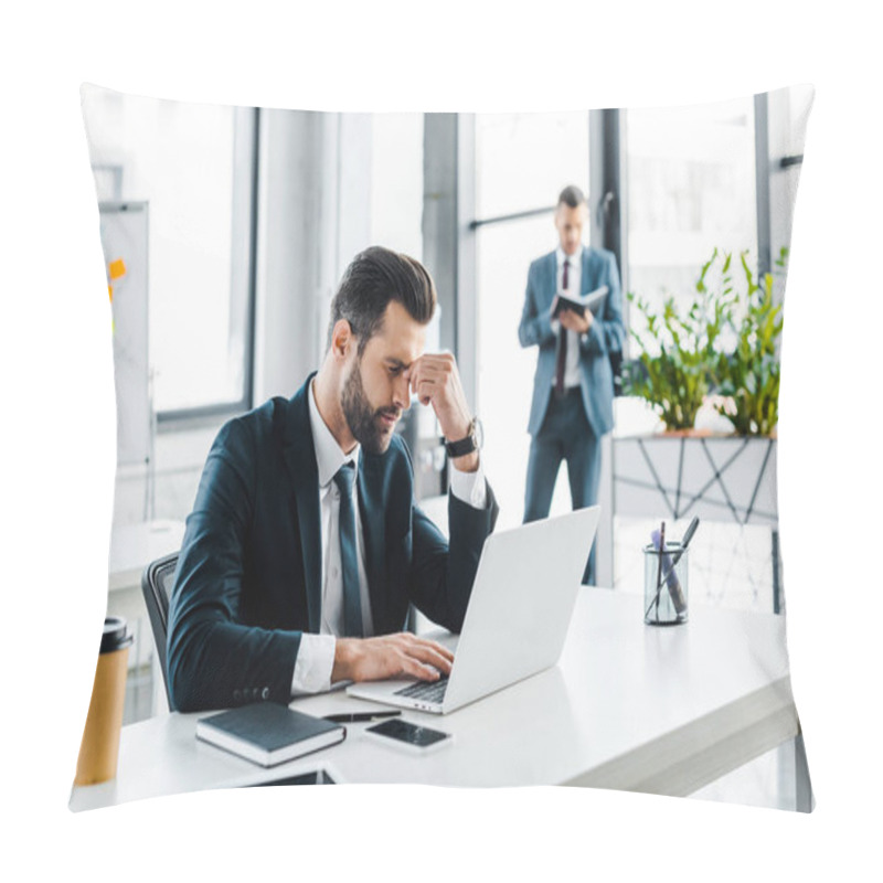 Personality  Selective Focus Of Tired Businessman Holding Head In Modern Office  Pillow Covers