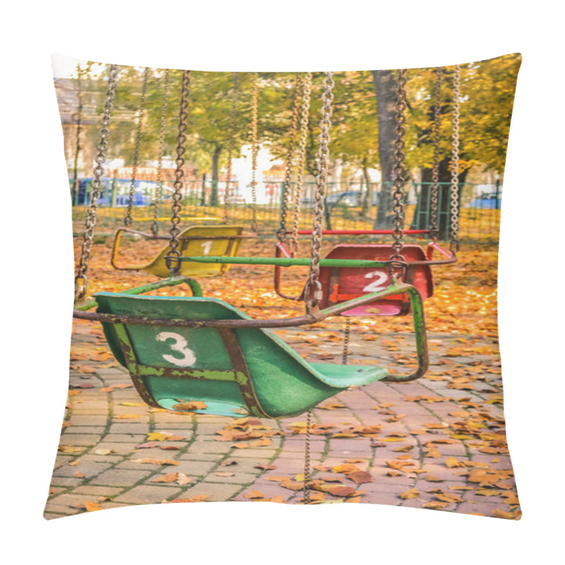 Personality  Old Soviet Rides In The Autumn Park. Carousels With Umbrellas And Carousels On Chains Are Brightly Decorated In Different Colors. Ukraine. Pillow Covers