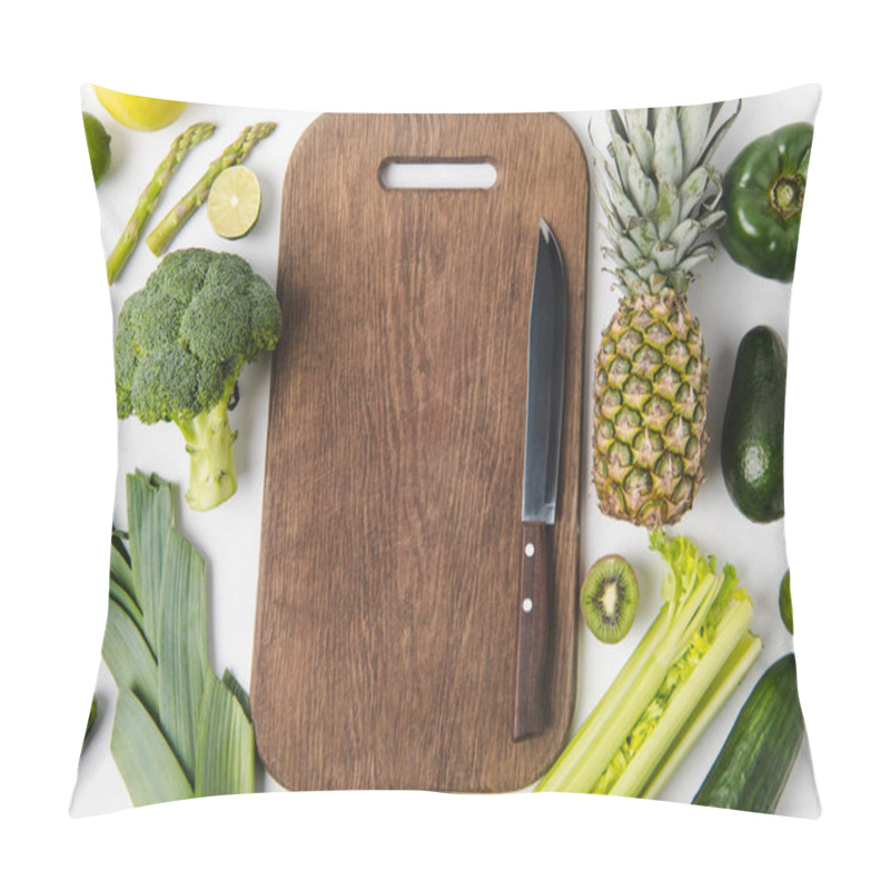 Personality  Knife On Wooden Cutting Board With Green Vegetables And Fruits Isolated On White Background Pillow Covers