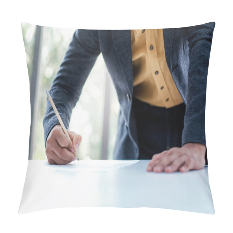 Personality  Young Businessman Working On The Table In Office By Glass Window. Cropped Image, Closeup Shot  Pillow Covers