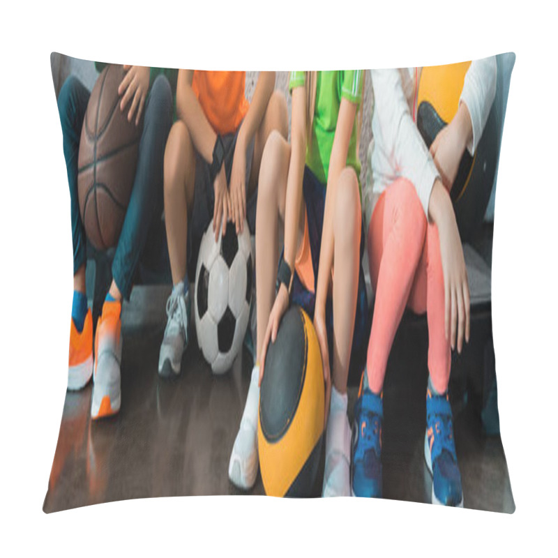 Personality  Cropped View Of Children Sitting On Step Platforms With Balls In Gym, Panoramic Shot Pillow Covers