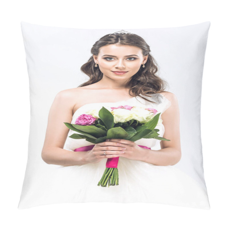 Personality  Attractive Young Bride In Wedding Dress With Bouquet Isolated On White Pillow Covers