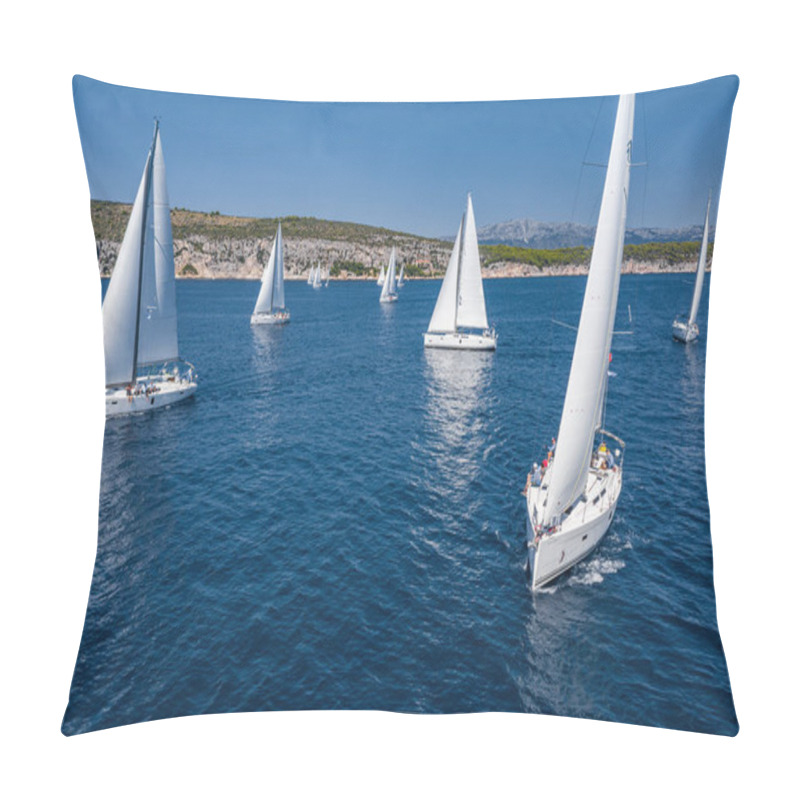 Personality  Aerial Shot Of The Yacht Race, A Sailing Regatta, Intense Competition, A Lot Of White Sails, Island Is On Background, Top Travel Destination, Vacation In Croatia, Idyllic Landscape Pillow Covers