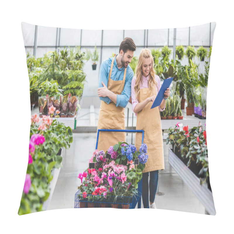 Personality  Smiling Gardeners With Clipboard Filling Order Of Flowers In Greenhouse Pillow Covers