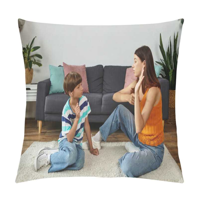 Personality  In A Cozy Living Room, A Mother Engages Her Hearing Impaired Son In Sign Language Learning. Pillow Covers