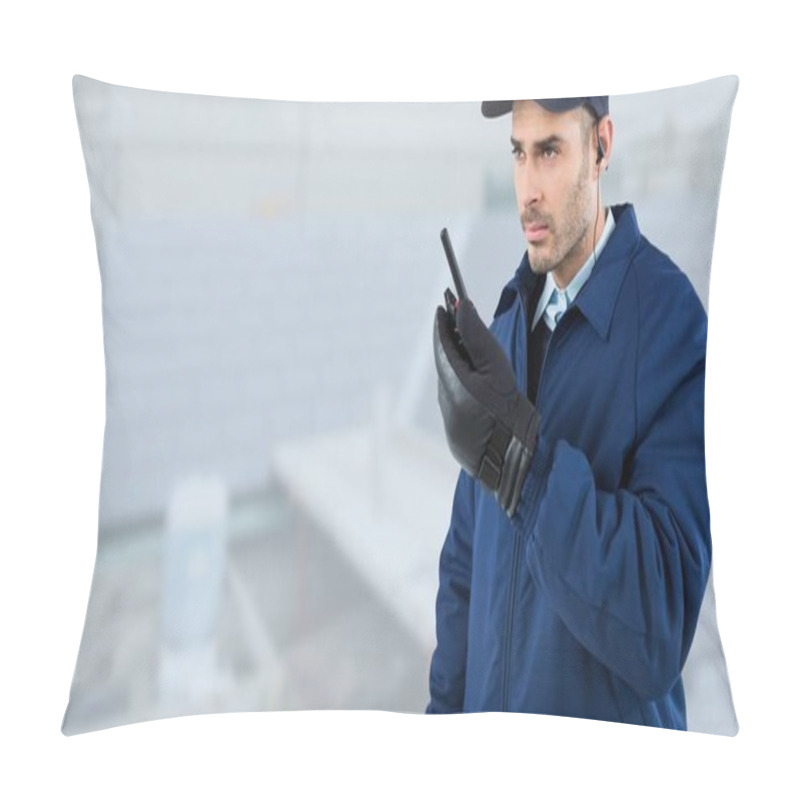 Personality  Security Man  On Bright Background Of  Rooftop Building Site Pillow Covers