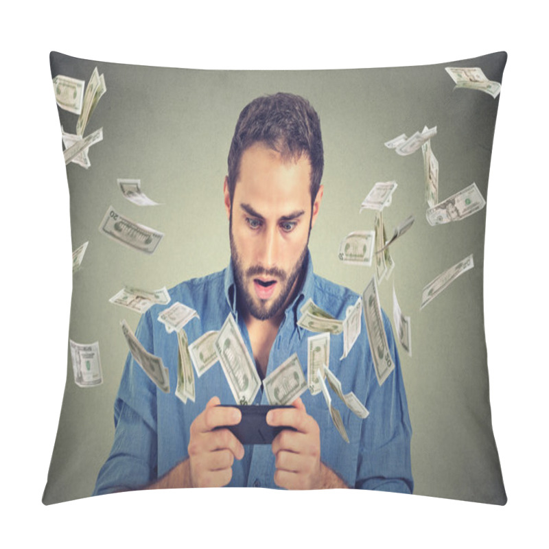 Personality  Online Banking, E-commerce Concept. Shocked Man Using Smartphone Pillow Covers