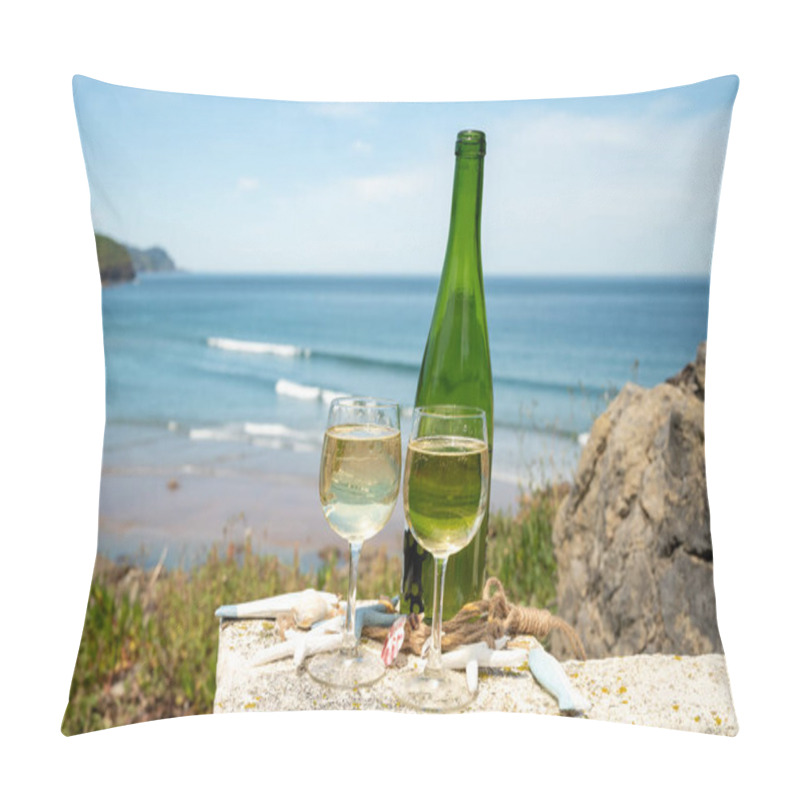 Personality  Tasting Of Txakoli Or Chacol Slightly Sparkling Very Dry White Wine Produced In Spanish Basque Country, Served Outdoor With View On Bay Of Biscay, Atlantic Ocean Pillow Covers