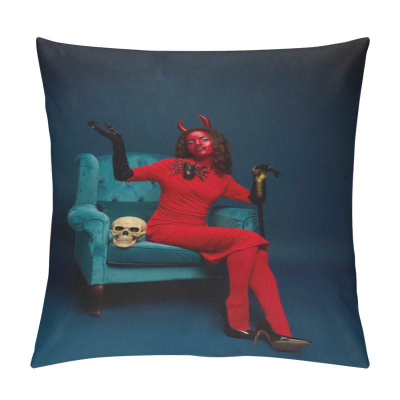 Personality  A Stunning Woman In A Devil Outfit Confidently Sits In A Chic Turquoise Chair For Halloween. Pillow Covers