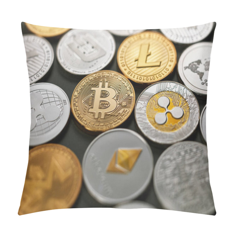 Personality  LTC, ETH, BTC, XMR, XRP Gold And Silver Coins, Crypto Currency. Pattern Of Coins On A Dark Background. Business Concept. Top View Pillow Covers