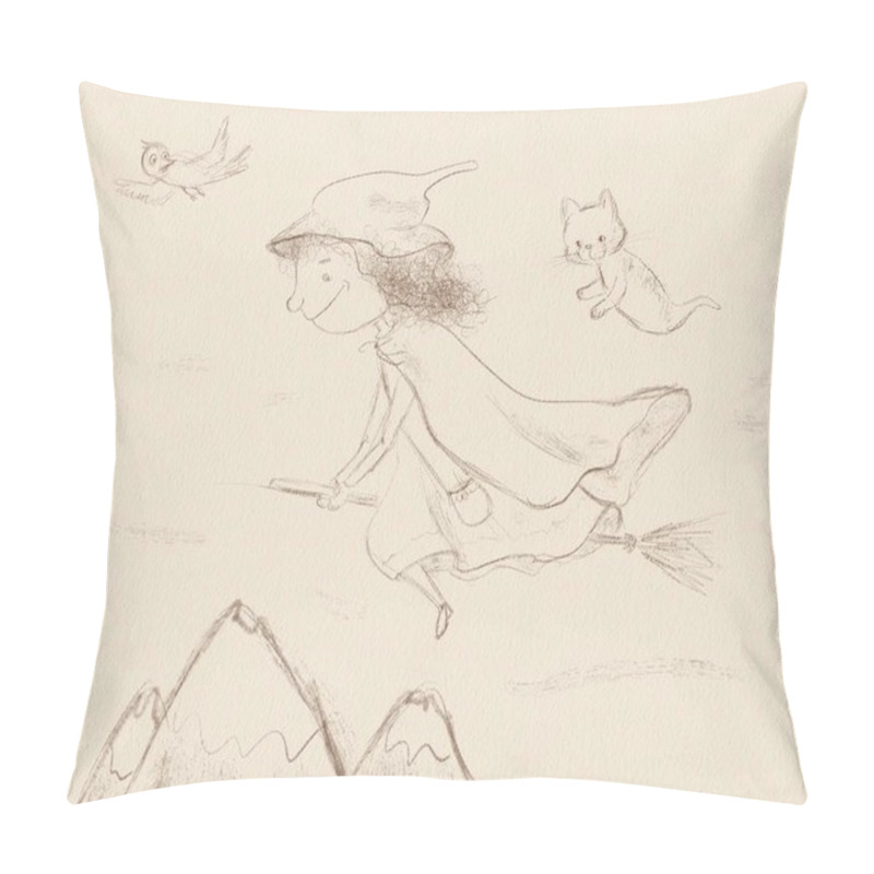 Personality  Sketch Illustration Of A Cartoon Witch On A Broomstick With A Ghost, Halloween Illustration Pillow Covers