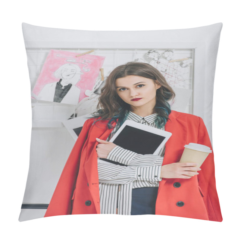 Personality  Young Girl Holding Digital Tablet By Mood Board Pillow Covers