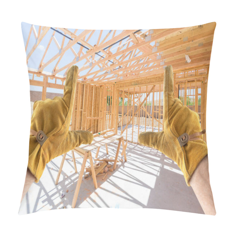 Personality  Male Contractor Hands Framing Unfinished House Framing At Construction Site Pillow Covers