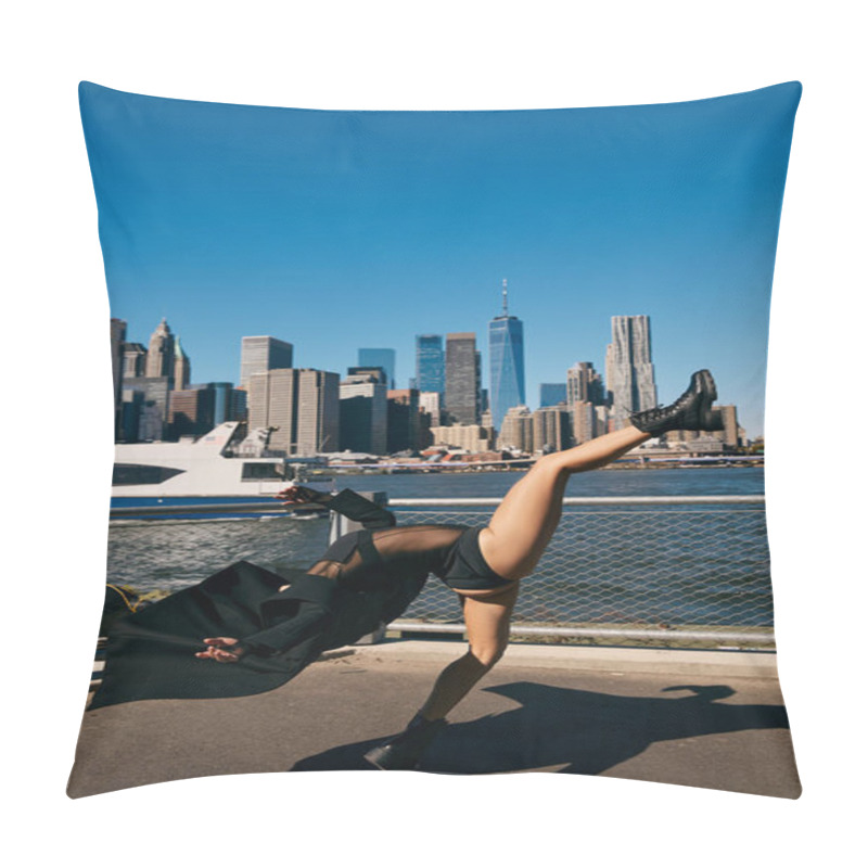 Personality  A Young Woman Dances In NYC, Silhouetted By Skyline. Pillow Covers