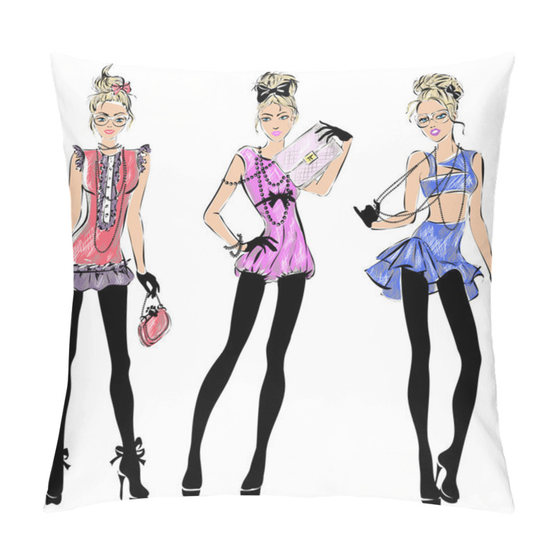 Personality  Street Fashion Woman Models In Sketch Style Pillow Covers