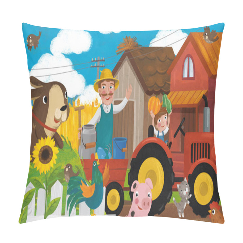 Personality  Cartoon Ranch Scene With Happy Farmer Family And Dog Illustration For Children Pillow Covers