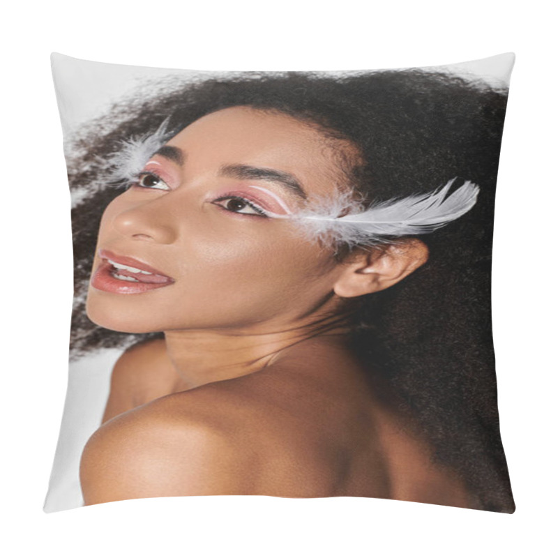 Personality  A Vibrant Young Woman Confidently Poses In A Bold Red Outfit Adorned With Feathers. Pillow Covers