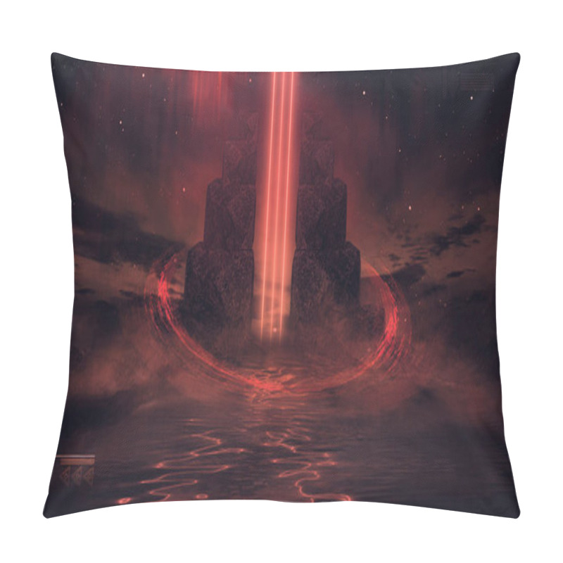 Personality  Futuristic Fantasy Night Landscape With Abstract Landscape And Island, Moonlight, Radiance, Moon, Neon. Dark Natural Scene With Light Reflection In Water. Neon Space Galaxy Portal. 3D Illustration.  Pillow Covers