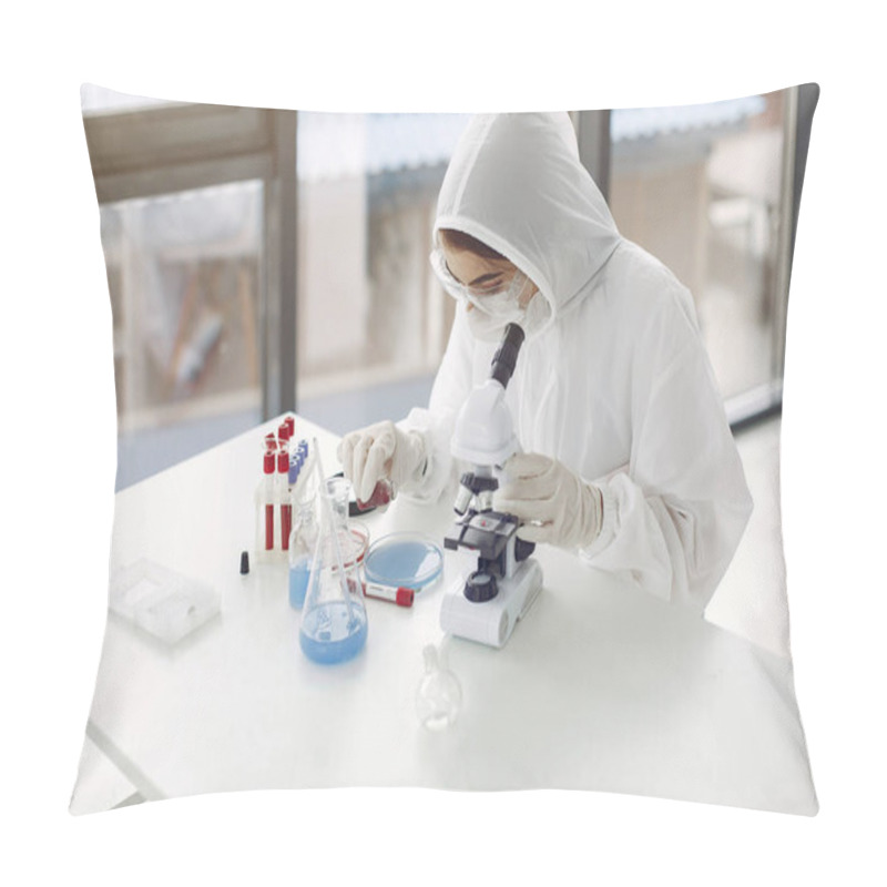 Personality  Laboratory Worker In Coverall Suit Is Adjusting Microscope Pillow Covers