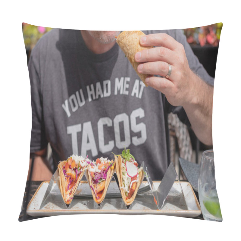 Personality  Closeup Of Man Eating Gourmet Shrimp Tacos At Outdoor Restaurant In Summer Pillow Covers