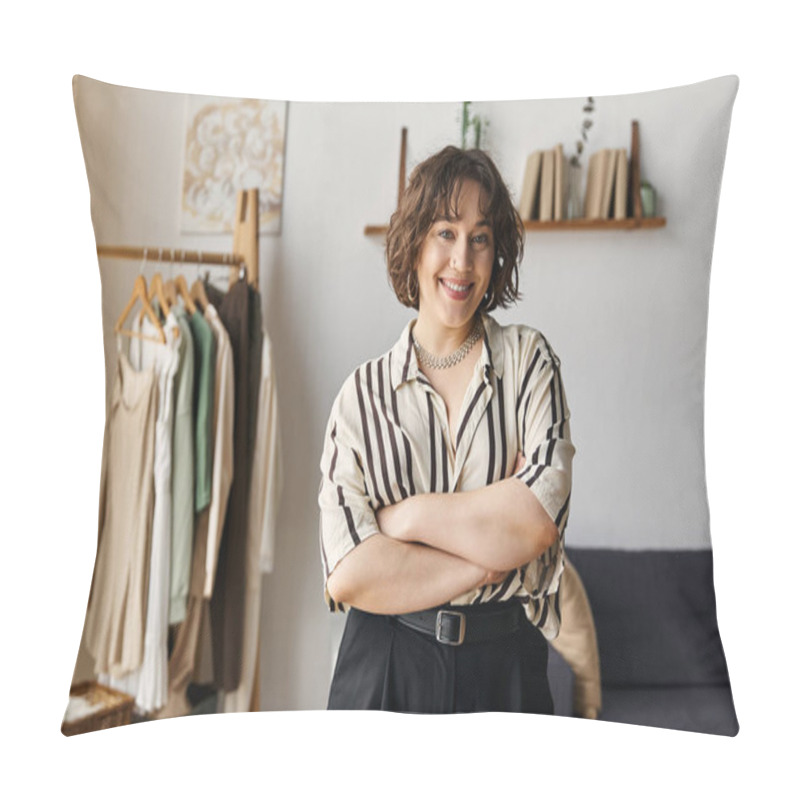 Personality  A Confident Young Woman With Curly Hair Enjoys Her Lifestyle In A Modern Apartment. Pillow Covers