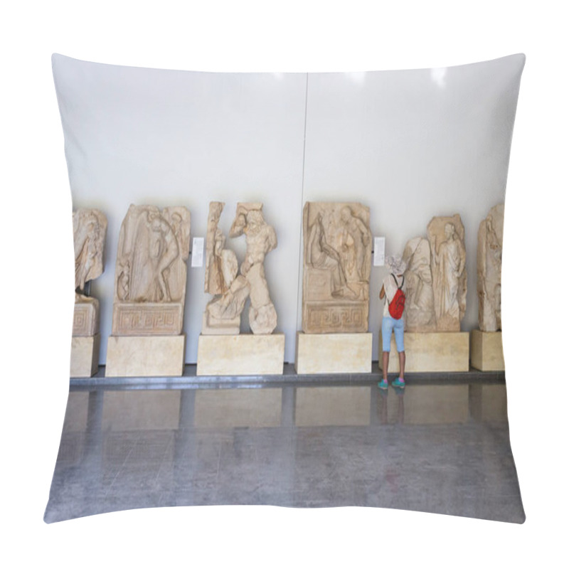 Personality  A Woman Tourist Who Is Not Known Is Visiting The Museum. Statues And Reliefs In The Aphrodisias Museum, Aydin, Aegean Region, Turkey - July 9, 2016 Pillow Covers