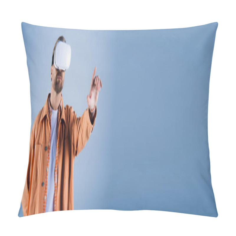 Personality  A Man In An Orange Shirt In A Studio Setting, Immersed In The Virtual Reality Experience. Pillow Covers