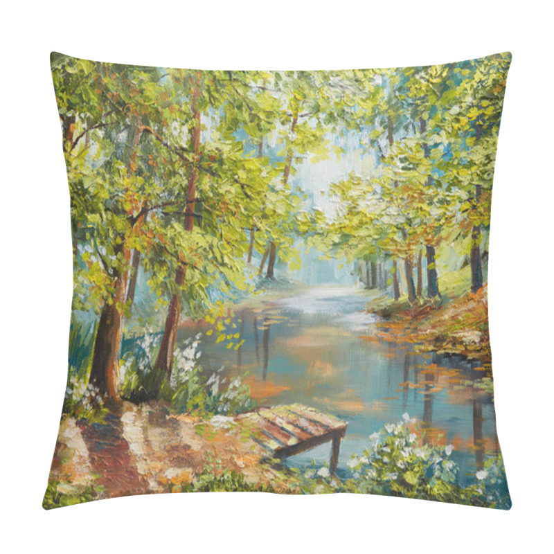 Personality  Oil Painting Landscape - Autumn Forest Near The River, Orange Leaves Pillow Covers