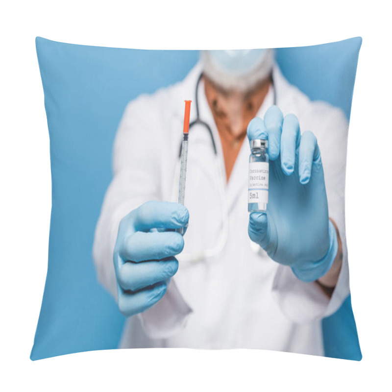 Personality  Cropped View Of Doctor In Latex Gloves Holding Vial With Coronavirus Vaccine And Syringe Isolated On Blue Pillow Covers