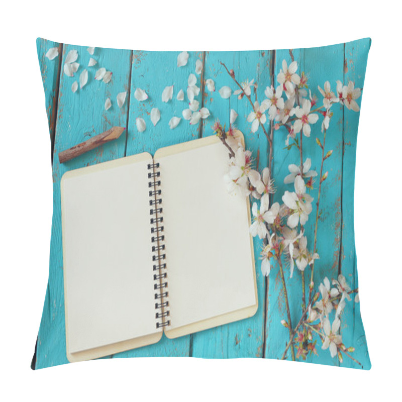 Personality  Top View Image Of Spring White Cherry Blossoms Tree, Open Blank Notebook Next To Wooden Colorful Pencils On Blue Wooden Table. Vintage Filtered And Toned Image Pillow Covers