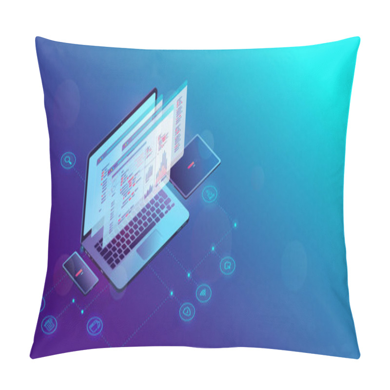 Personality  App Development - Isometric Computer Showing Code, Abstract Programming Language And Monitoring Tools. Smartphone And Tablet Showing Loading Bar. Technology, Developer, Game And Software Concept. Pillow Covers