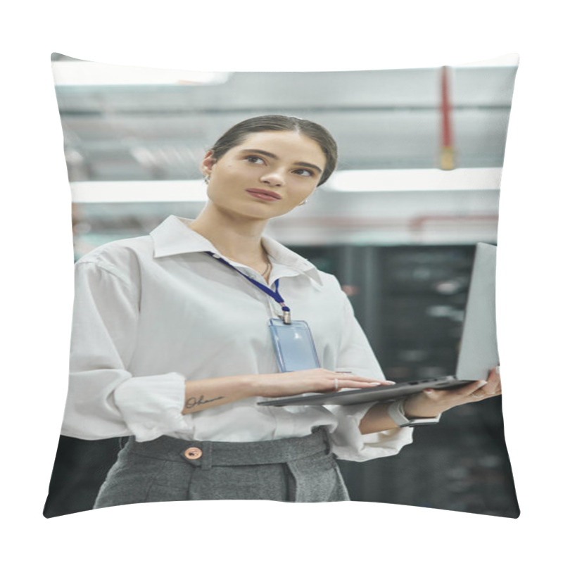 Personality  A Skilled Woman In A White Shirt Works Intently In A High-tech Server Room Managing Network Systems. Pillow Covers