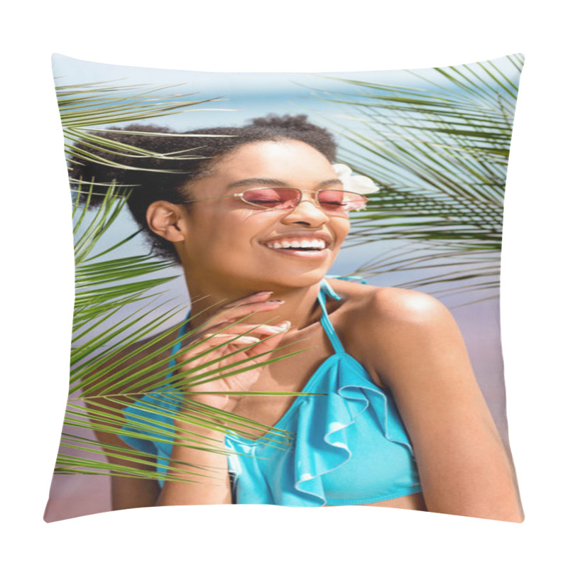 Personality  Young Smiling African American Woman In Sunglasses With Flower In Hair Near Palm Leaves In Front Of Sea Pillow Covers