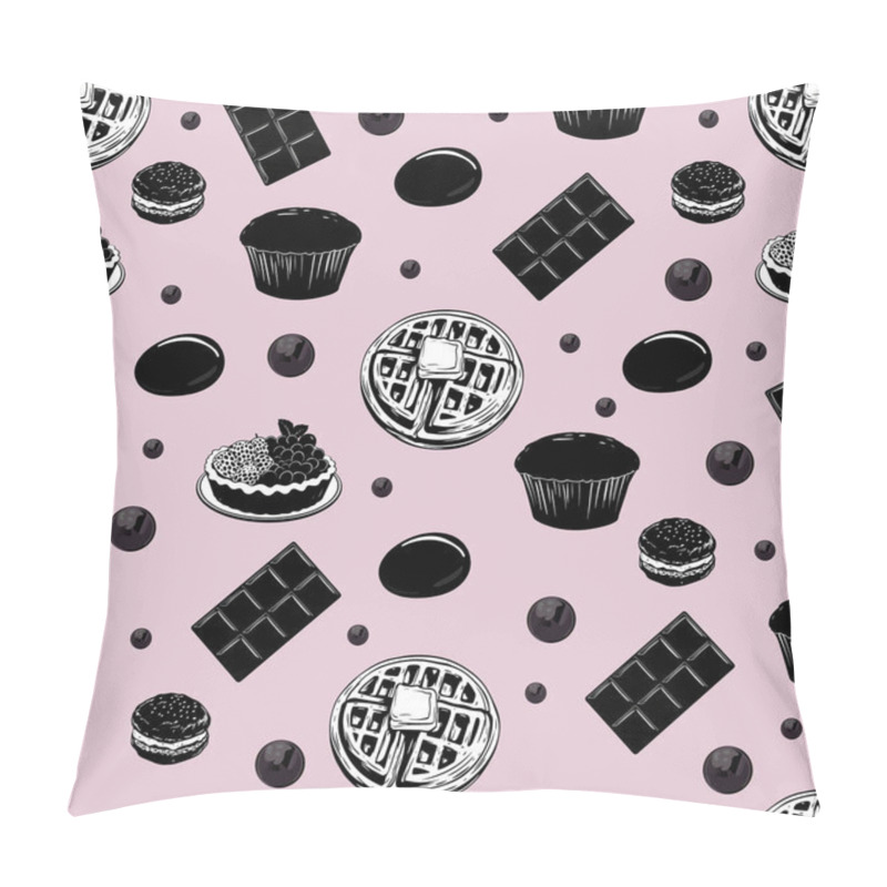 Personality  Seamless Pattern Of Desserts On Pink Background. Black And White Pastry Illustration With Pink. Stylish Food Illustration With Sweets And Pastries Pillow Covers