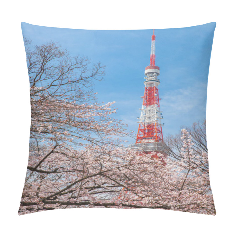 Personality  Tokyo Tower And Sakura Trees Blossom In Spring Season Pillow Covers