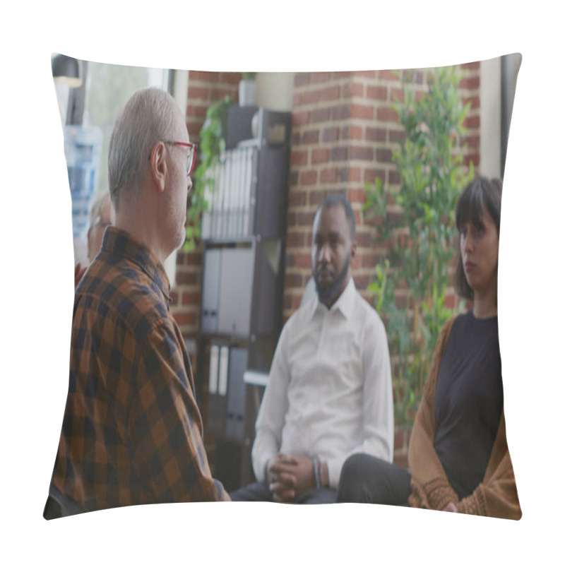 Personality  Old Man Making Confession About Alcoholism And Depression In Front Of People At Group Therapy Pillow Covers