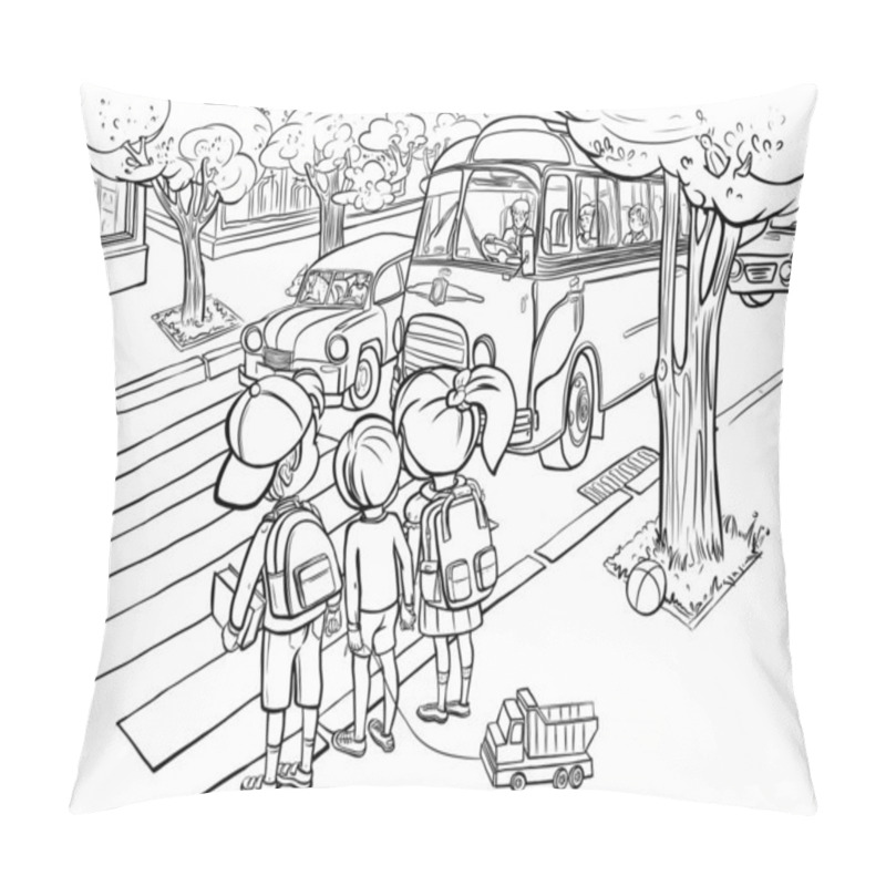 Personality  City Roadway With Car And Bus Standing At Traffic Lights, Children With School Backpacks Crossing The Street, Illustration For Coloring Pillow Covers