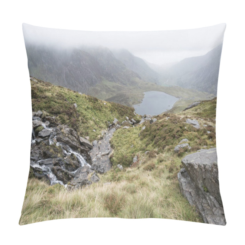 Personality  Moody Landscape Image Of Llyn Idwal In Glyders Mountain Range In Snowdonia During Heavy Rainfall In Autumn Pillow Covers