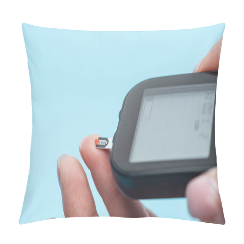 Personality  Cropped View Of Fingers And Glucometer Isolated On Blue Background Pillow Covers