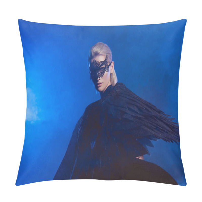 Personality  Beautiful Mysterious Woman With Lace Mask And Black Angel Wings On Dark Blue Background With Copy Space Pillow Covers