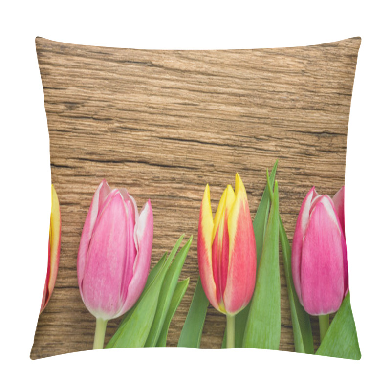 Personality   Tulips On A Rustic Wooden Background With Copyspace Pillow Covers