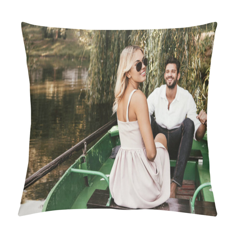 Personality  Cheerful Young Woman Looking At Camera While Sitting In Boat Near Happy Boyfriend Pillow Covers