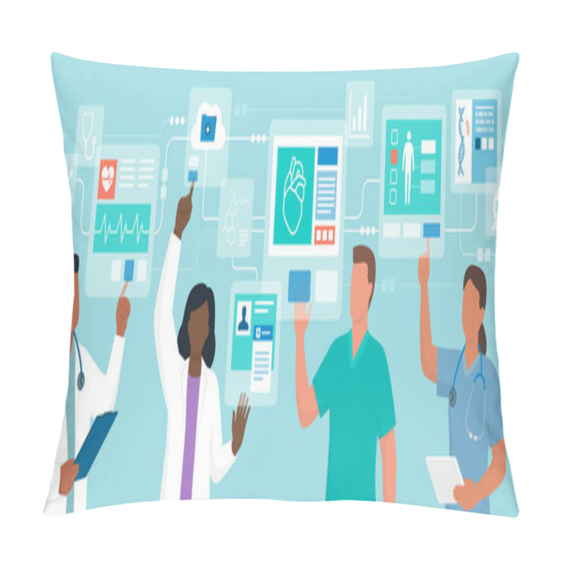 Personality  Professional Doctors Interacting With Virtual Interfaces Online, They Are Checking Electronic Medical Records, Telemedicine And Virtual Reality Concept Pillow Covers