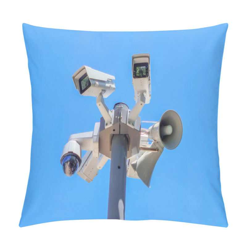 Personality  Security Camera On Blue Sky Background. Loudspeaker, Air Alarm On Blue Sky Background Pillow Covers