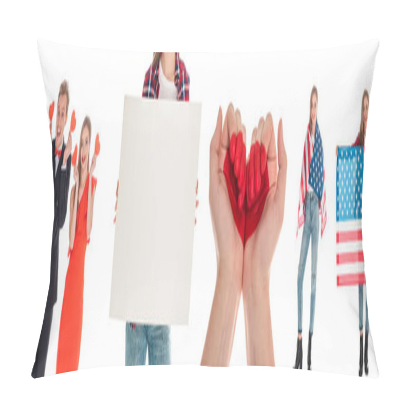 Personality  Collage Of Couple Holding Hearts, Woman With Blank Placard, Heart-shaped Hands And American Flag  Pillow Covers