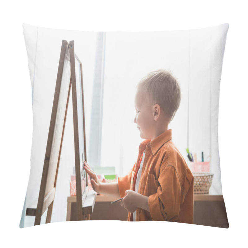 Personality  Side View Of Boy Near Easel In Montessori School Pillow Covers