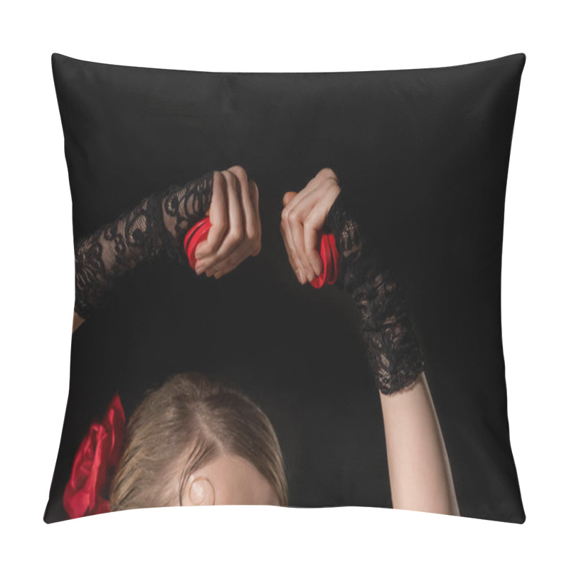 Personality  Cropped View Of Flamenco Dancer Holding Castanets Isolated On Black  Pillow Covers