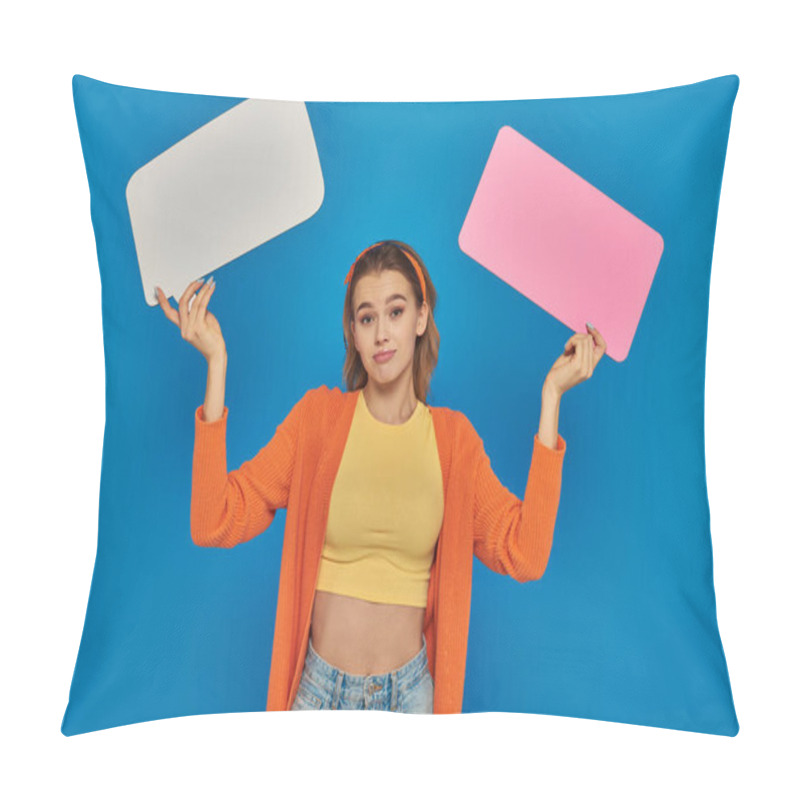 Personality  Confused Young Woman In Casual Attire Holding Speech Bubbles On Blue Background, Space For Text Pillow Covers